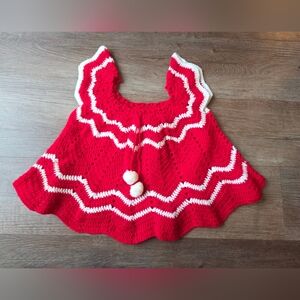 Vintage Red and White Crochet Knit Baby Girl Dress Poncho with Pom Pom ties